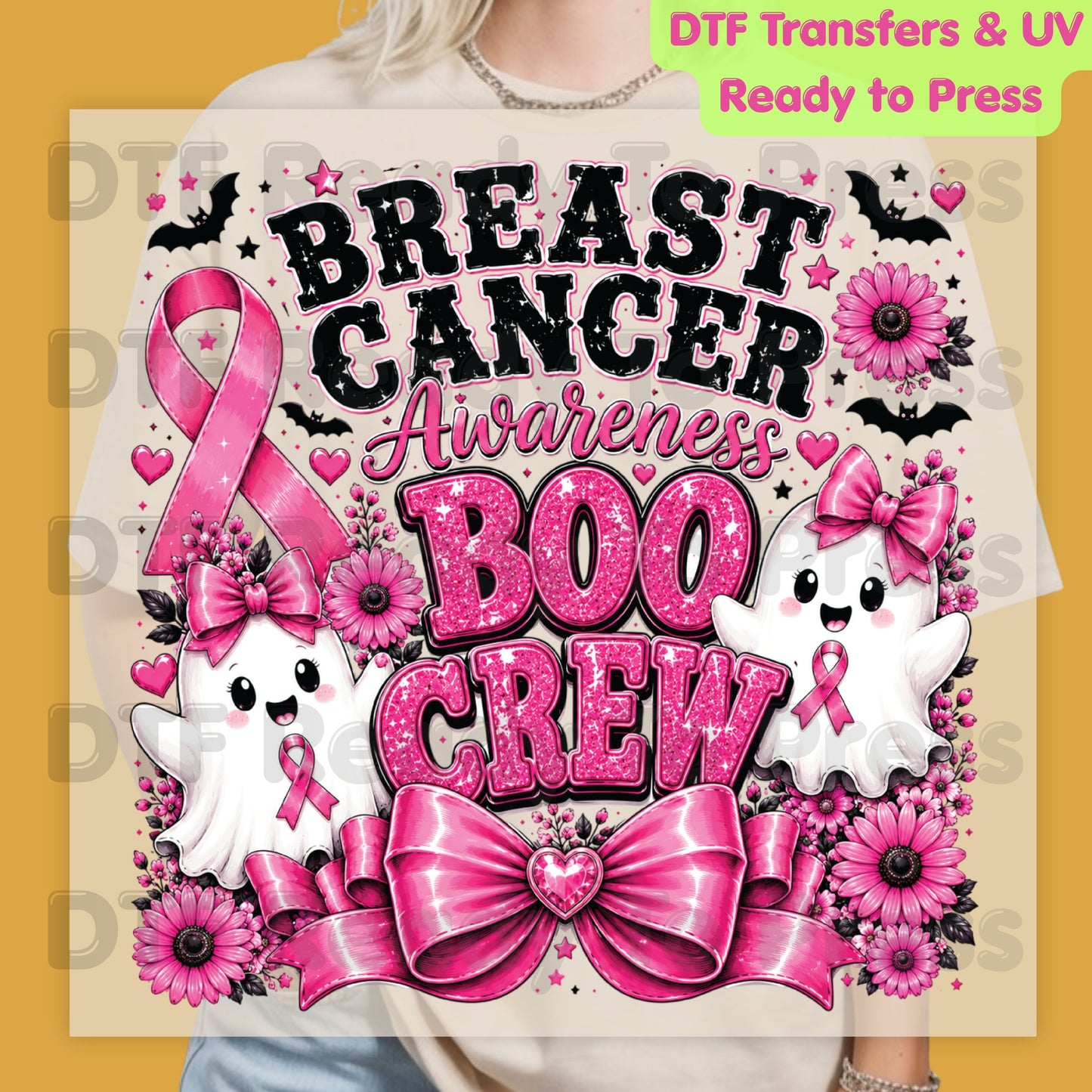 Breast Cancer Awareness Boo Crew DTF Transfer Ready to Press Heat Transfer Spooky Pink Ghost Bow Tee