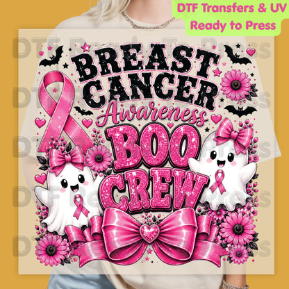 Breast Cancer Awareness Boo Crew DTF Transfer Ready to Press Heat Transfer Spooky Pink Ghost Bow Tee