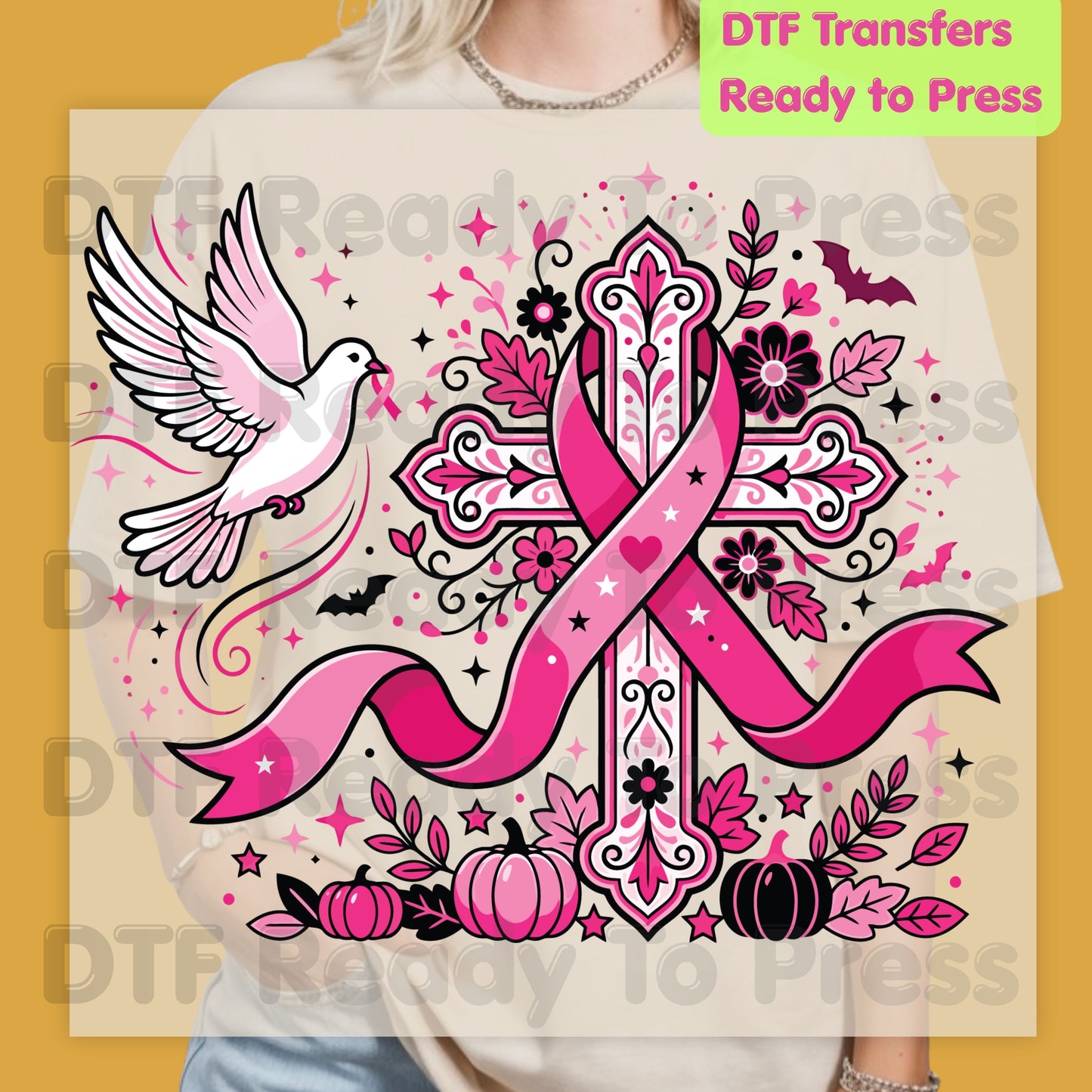 Pink Cross Dove Breast Cancer Awareness DTF Transfer Ready to Press Faith Heat Transfer Tee