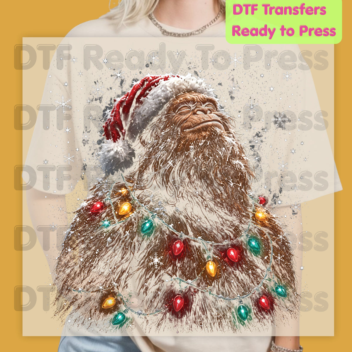 Christmas Bigfoot DTF Transfer, Santa Sasquatch Lights