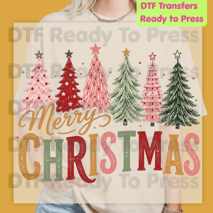 Christmas DTF Transfer, Colorful Christmas Trees, Gold Script