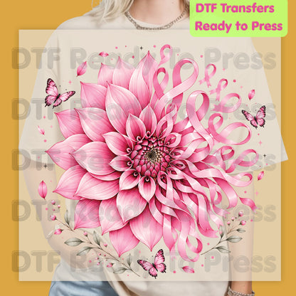 Pink Dahlia Butterfly Ribbon Breast Cancer Awareness DTF Transfer Ready to Press Heat Transfer Tee