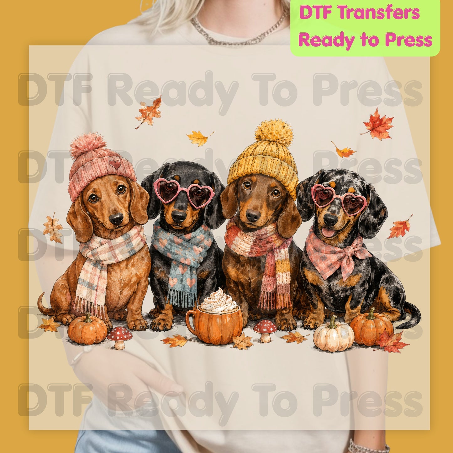 Fall Dachshund DTF Transfer Ready to Press Cozy Beanie Scarf Heat Transfer For Shirts Wiener Dog Pumpkin Spice Leaves Autumn Doxie Gang