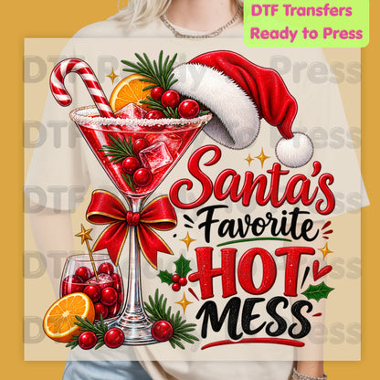 Santa's Favorite Hot Mess DTF Transfers, Funny Cocktail Drink Christmas Holiday Ready to Press