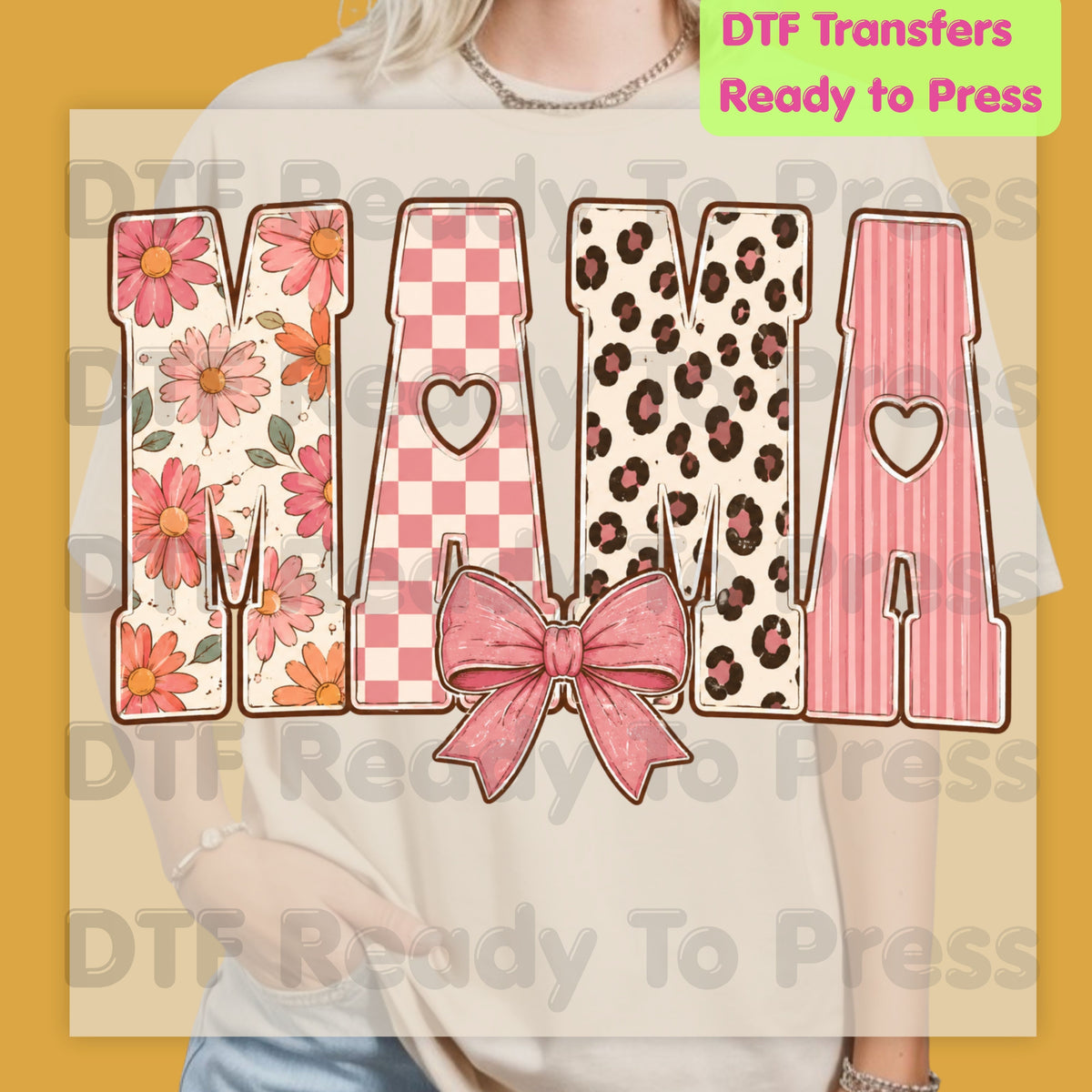 Mama DTF Transfers, Pink Daisy Floral Leopard Coquette Bow Retro Ready to Press