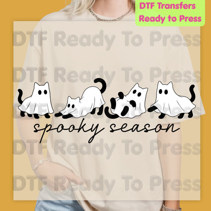 Spooky Season Ghost Cats DTF Transfers, Black Cats Sheet Ghost Line Art Minimalist Ready to Press