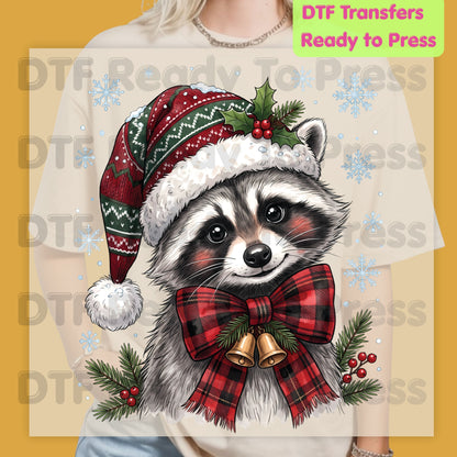 Christmas DTF Transfer, Raccoon Santa Hat, Buffalo Plaid Bow and Bells Graphic