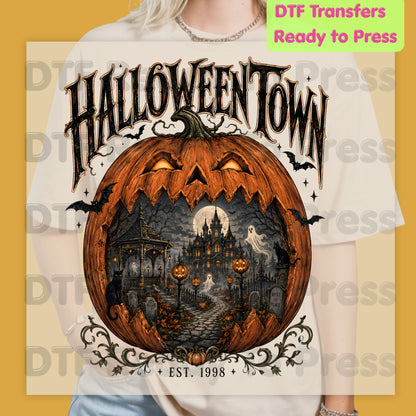 Halloween Town DTF Transfers, Est 1998 Spooky Pumpkin Vintage Haunted House Ready to Press