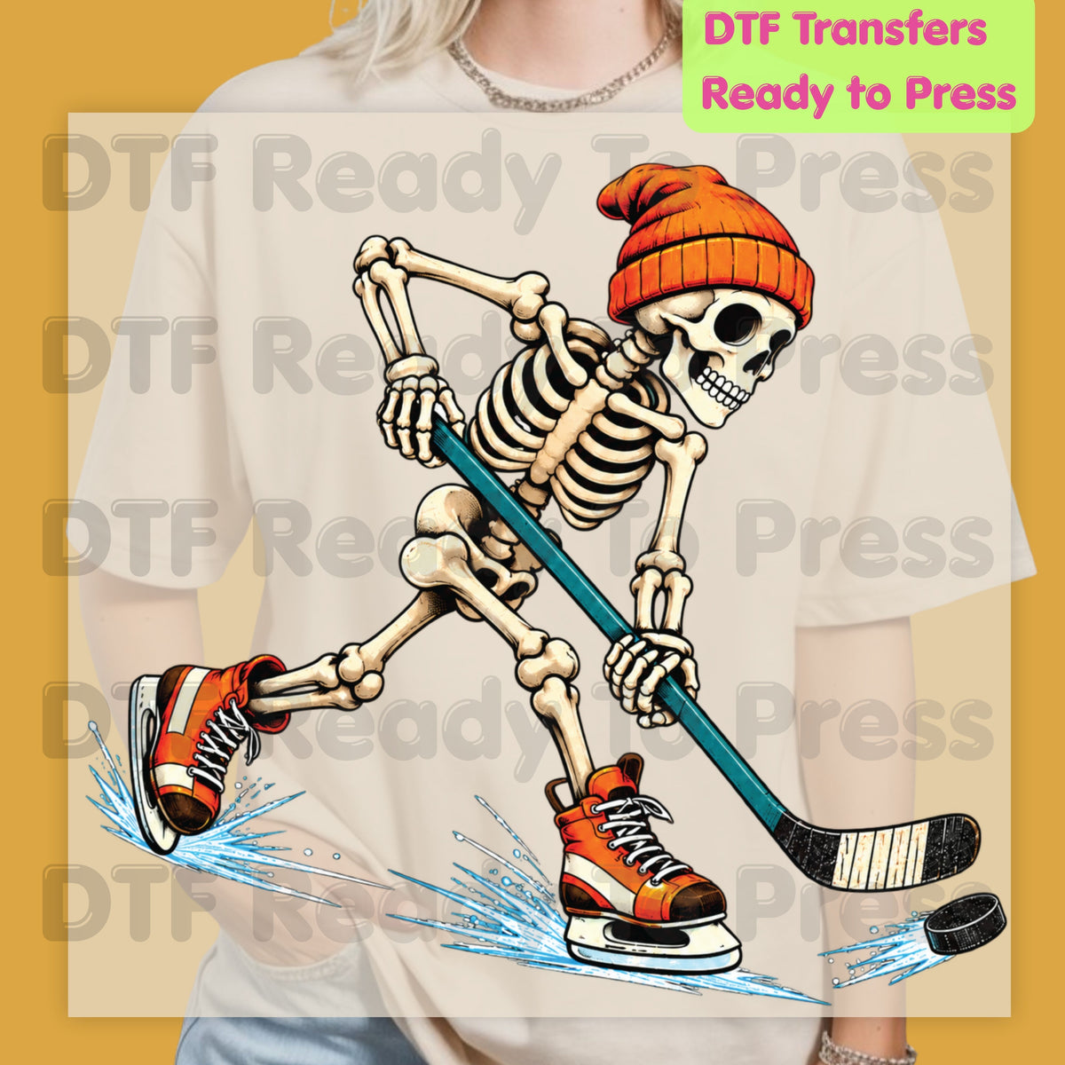 Hockey DTF Transfer, Skeleton in Beanie with Skates, Stick and Puck Graphic