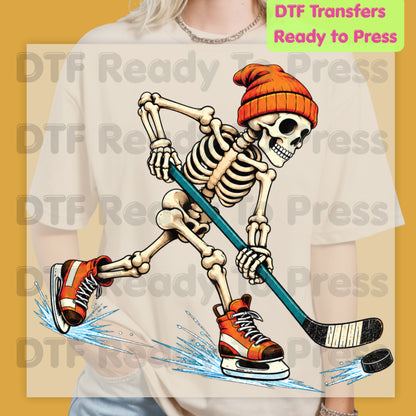 Hockey DTF Transfer, Skeleton in Beanie with Skates, Stick and Puck Graphic