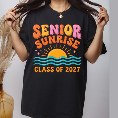 Senior Sunrise Class of 2027 DTF Transfer Ready to Press Graduation Heat Transfer for Shirts Retro Sun Waves Bubble Font Tee