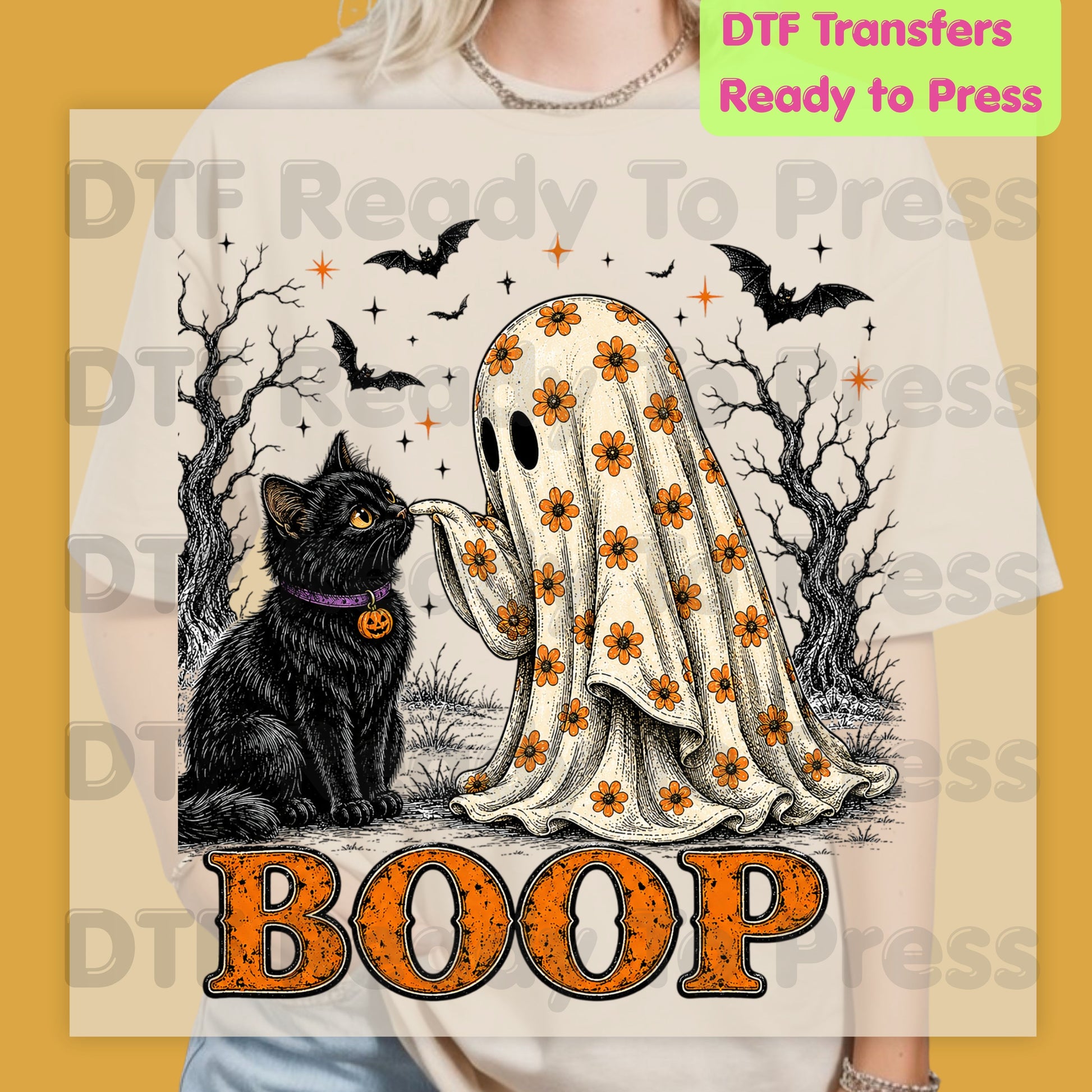 Halloween Cute Ghost Boop DTF Transfers, Black Cat Floral Sheet Bats Spooky Ready to Press