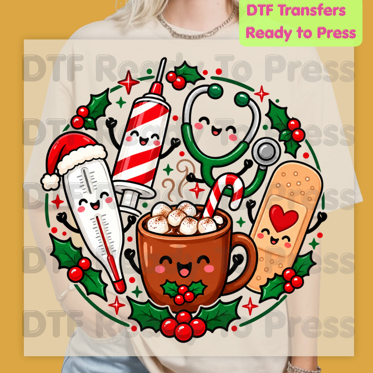 Christmas Medical Nurse DTF Transfers, Holiday Cocoa Thermometer Syringe Nurse Ready to Press