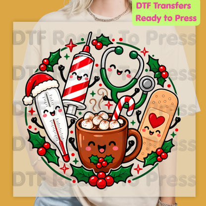 Christmas Medical Nurse DTF Transfers, Holiday Cocoa Thermometer Syringe Nurse Ready to Press
