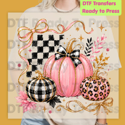 Pink Coquette Fall Pumpkin DTF Transfers, Leopard Plaid Ribbon Bow Checkered Autumn Ready to Press