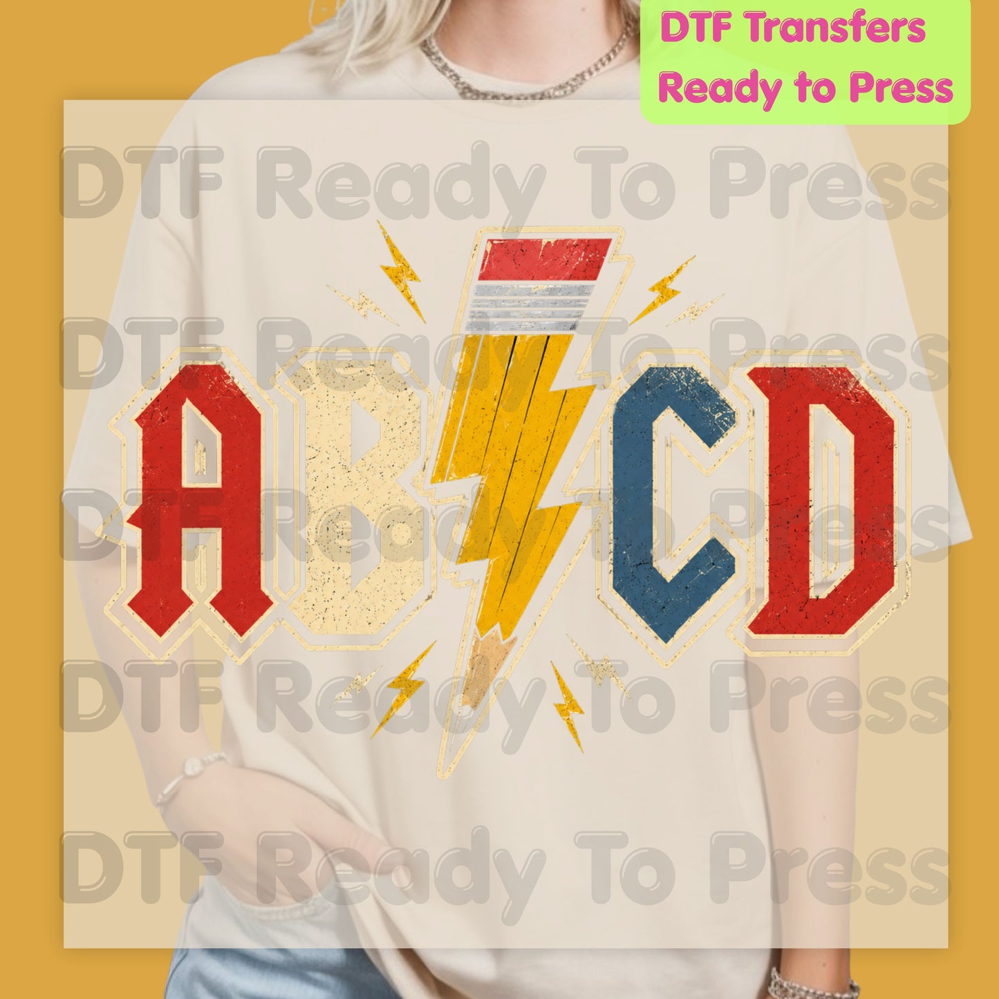 AB CD Lightning Bolt Pencil DTF Transfers, Rock N Roll Teacher Back to School Ready to Press