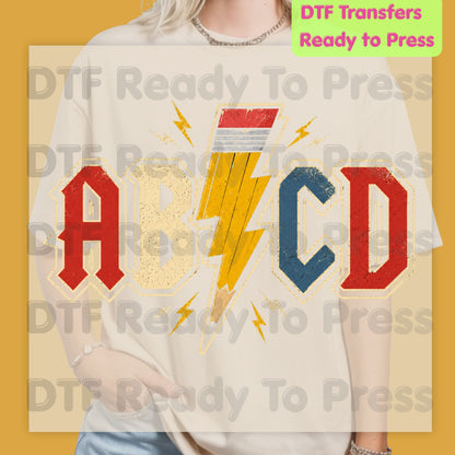 AB CD Lightning Bolt Pencil DTF Transfers, Rock N Roll Teacher Back to School Ready to Press