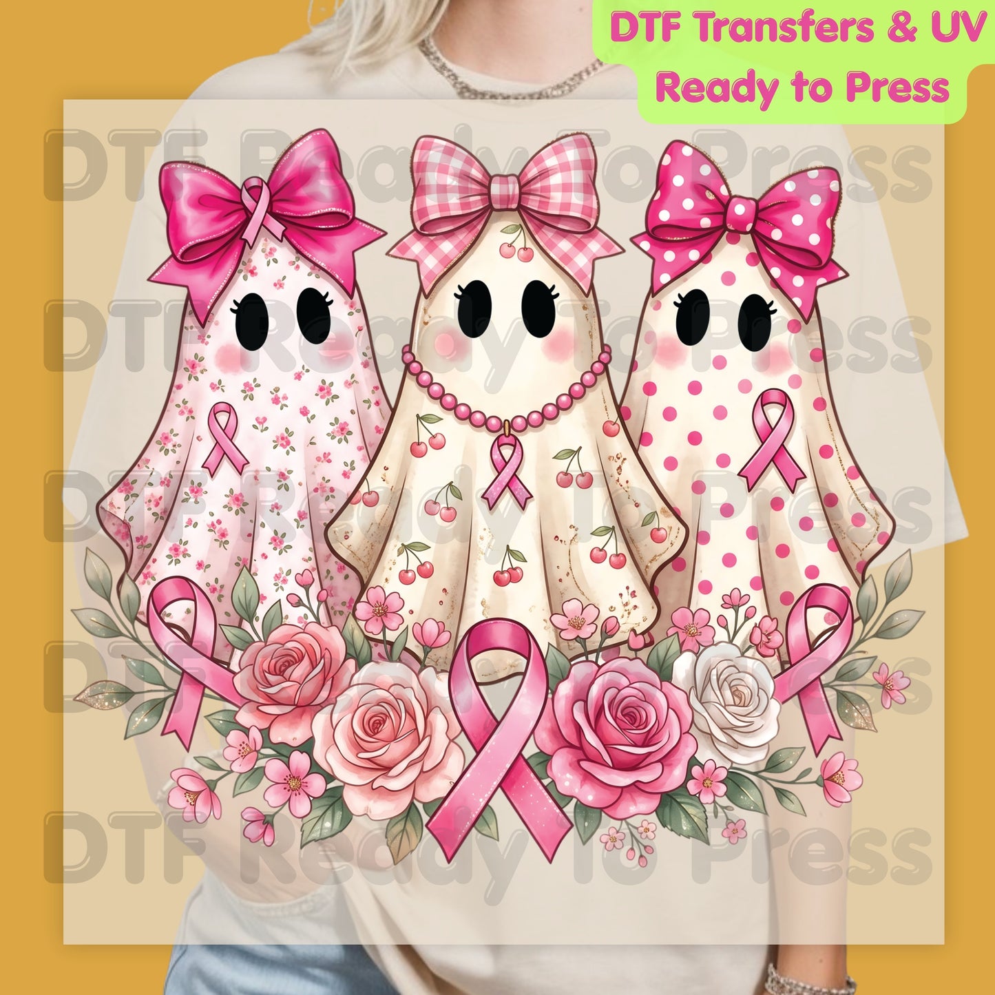 Pink Ghost Boo Crew Breast Cancer Awareness DTF Transfer Ready to Press Heat Transfer Floral Ribbon Tee