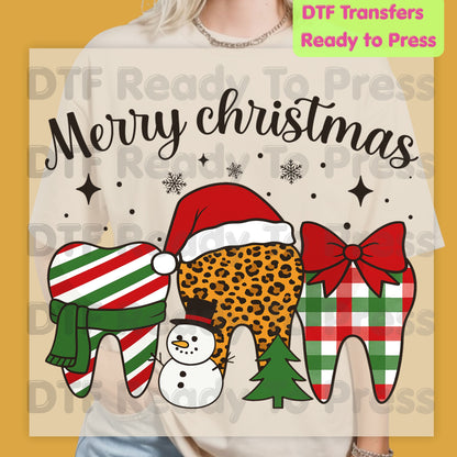 Merry Christmas Dental Teeth DTF Transfers, Dentist Holiday Leopard Plaid Dental Ready to Press