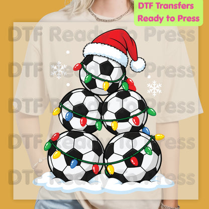 Christmas DTF Transfer, Soccer Ball Christmas Tree, Santa Hat and Lights Graphic