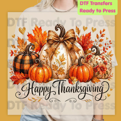 Happy Thanksgiving DTF Transfers, Fall Leaves Pumpkins Retro Autumn Ready to Press