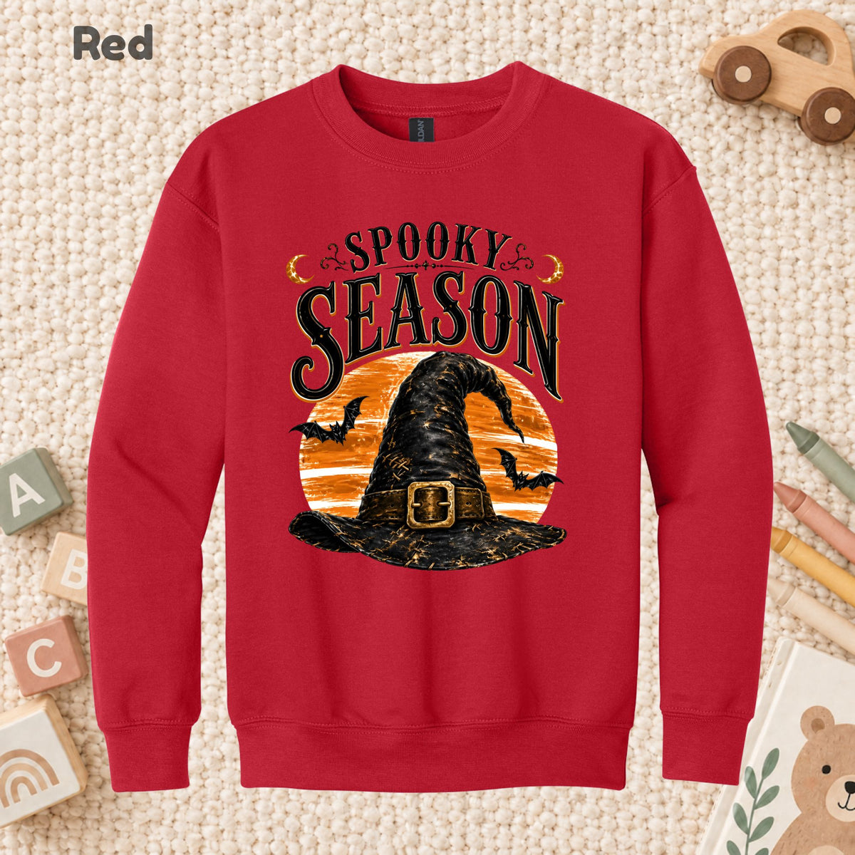 Spooky Season Vintage Witch Hat T-Shirt, Halloween Orange Moon Bats Tee for Toddler and Kids