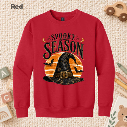 Spooky Season Vintage Witch Hat T-Shirt, Halloween Orange Moon Bats Tee for Toddler and Kids