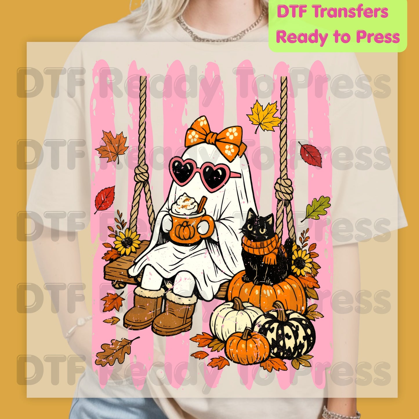 Halloween Ghost DTF Transfer Ready to Press Pink Cute Ghost Swing Heat Transfer For Shirts Spooky Vibes Pumpkin Spice Black Cat Autumn