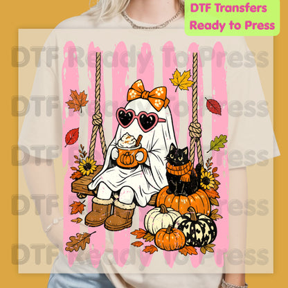 Halloween Ghost DTF Transfer Ready to Press Pink Cute Ghost Swing Heat Transfer For Shirts Spooky Vibes Pumpkin Spice Black Cat Autumn