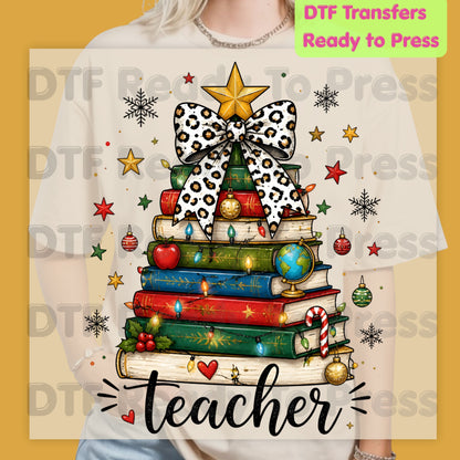 Christmas Teacher DTF Transfers, Book Tree Leopard Bow School Lights Holiday Ready to Press
