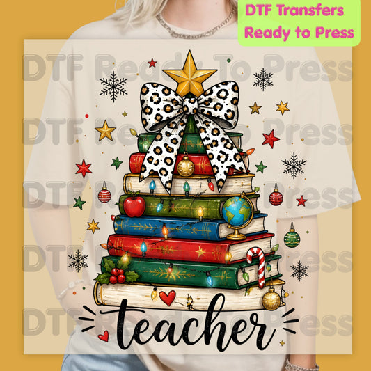 Christmas Teacher DTF Transfers, Book Tree Leopard Bow School Lights Holiday Ready to Press