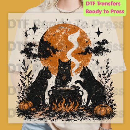 Vintage Halloween Black Cats DTF Transfers, Cauldron Witchy Moon Pumpkins Spooky Ready to Press