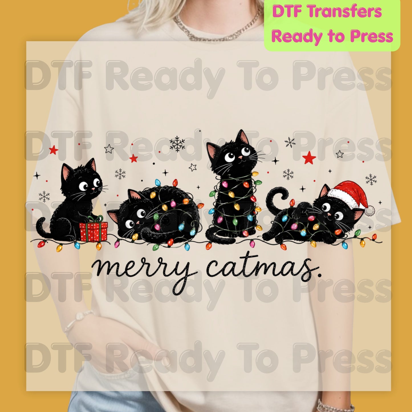 Merry Catmas Black Cats DTF Transfers, Christmas Lights Black Kittens Holiday Cat Lover Ready to Press