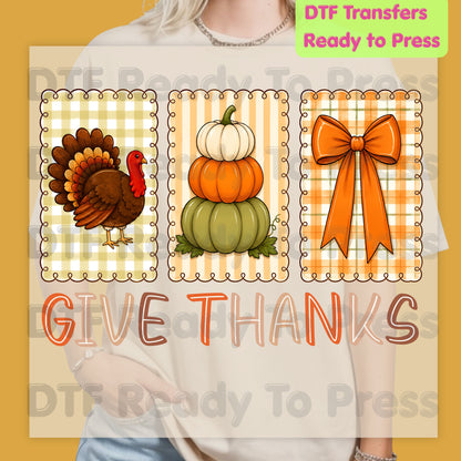 Thanksgiving DTF Transfer Ready to Press Give Thanks Turkey Stacked Pumpkins Coquette Bow Heat Transfer Shirts Autumn Clothing