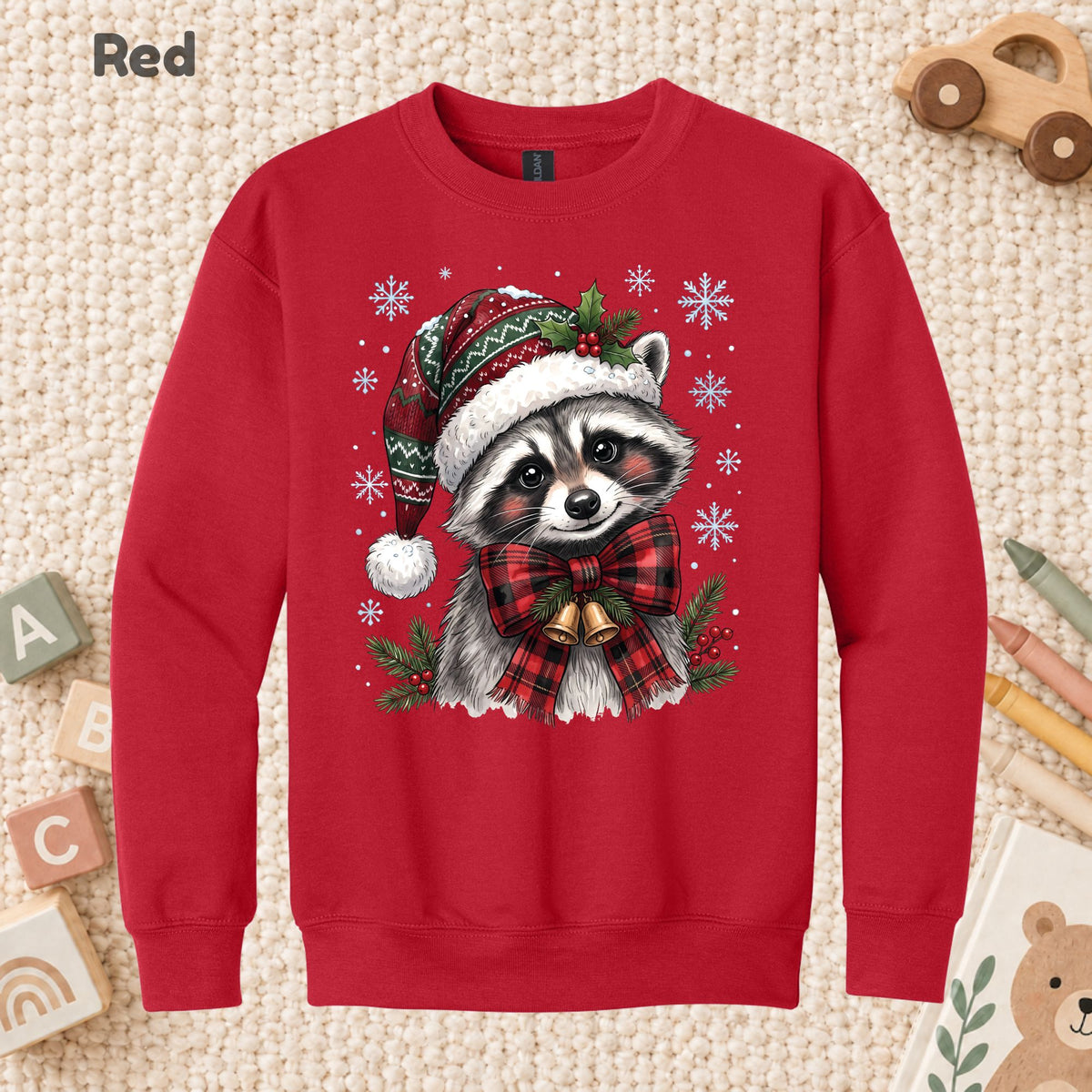 Christmas Raccoon T-Shirt, Santa Hat Buffalo Plaid Bow and Bells Tee, Festive Holiday Sweatshirt