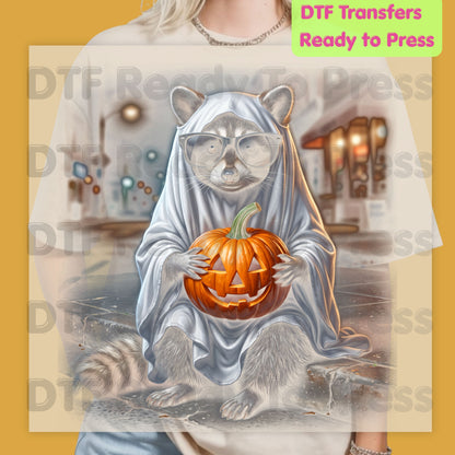 Halloween Ghost Raccoon DTF Transfers, Pumpkin Trash Panda Spooky Vintage Ready to Press