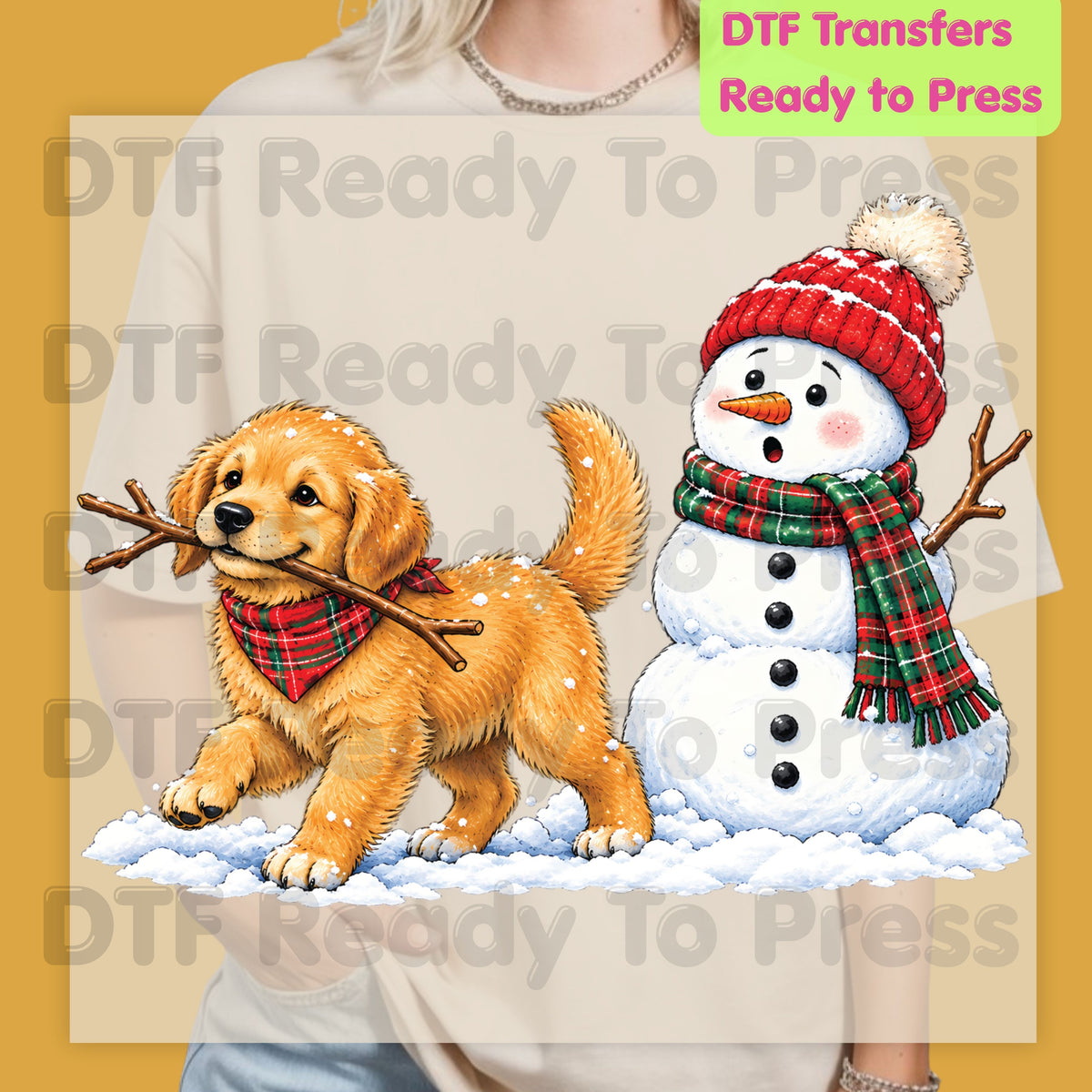 Christmas DTF Transfer, Golden Retriever Puppy with Snowman and Plaid Scarf