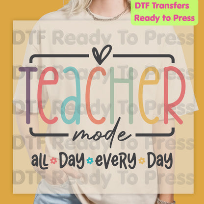 Teacher Mode All Day DTF Transfers, Pastel Rainbow School Teacher Education Ready to Press