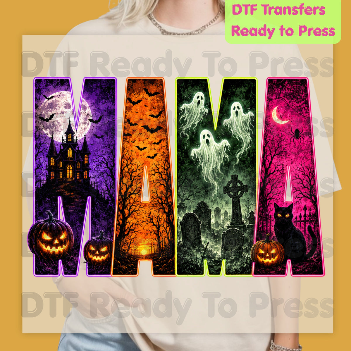 Halloween Mama DTF Transfers, Neon Haunted House Ghost Pumpkin Spooky Ready to Press