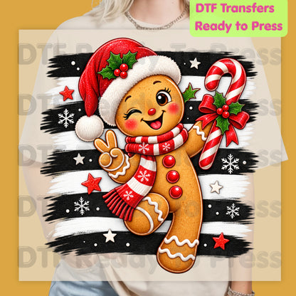 Gingerbread Man DTF Transfers, Candy Cane Santa Hat Black White Stripes Cute Christmas Ready to Press