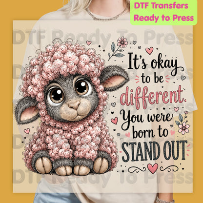 Inspirational DTF Transfers, Black Sheep Born to Stand Out Cute Lamb Quote Ready to Press