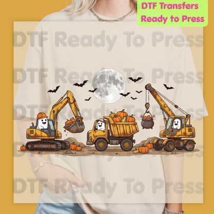 Halloween Construction Ghost Crew DTF Transfers, Excavator Dump Truck Crane Pumpkins Full Moon Bats Kids Ready to Press