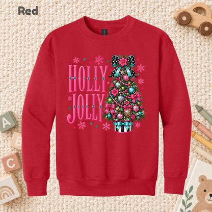 Pink Christmas Tree T-Shirt, Holly Jolly Bow and Snowflake Graphic Tee, Cute Holiday Shirt