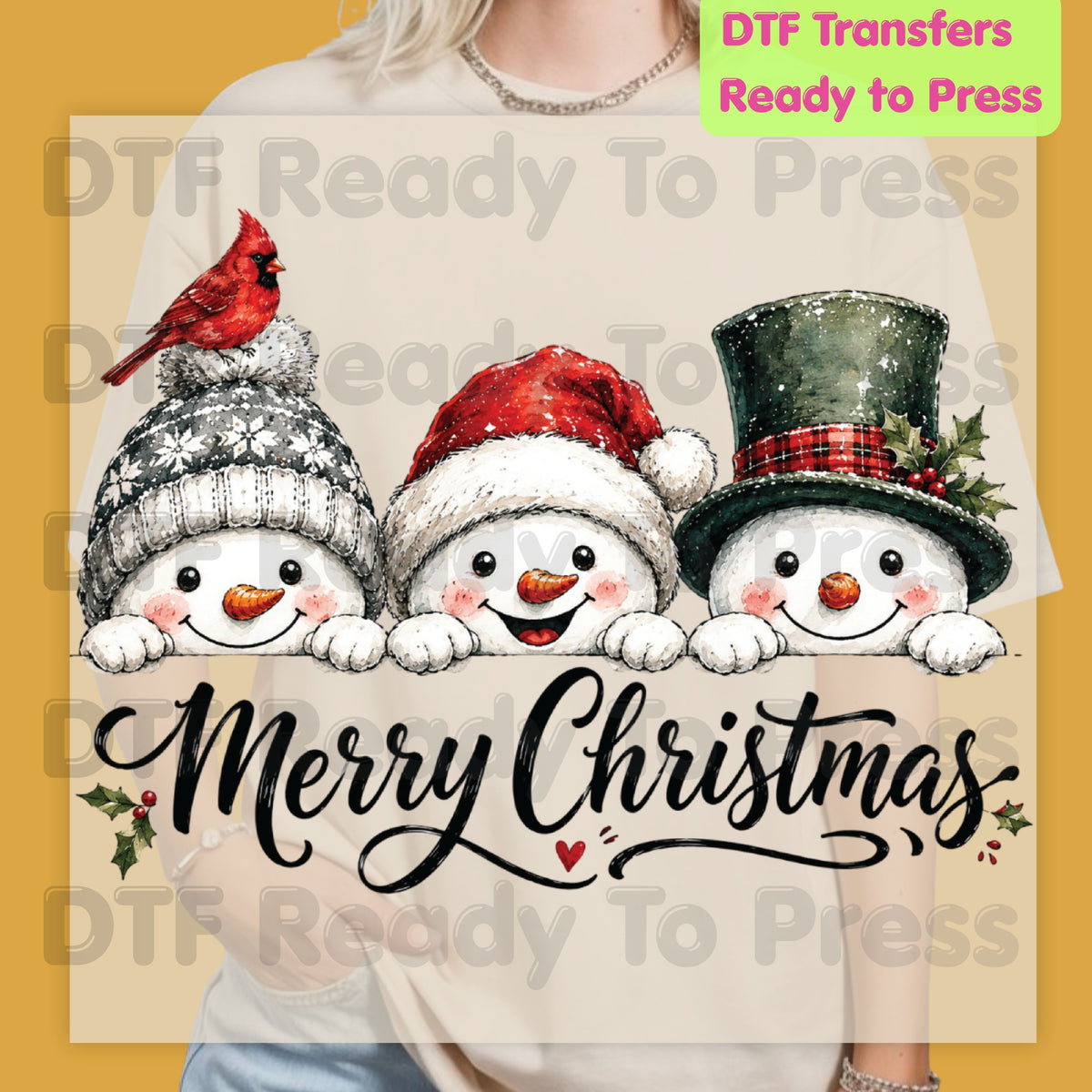 Christmas DTF Transfer, Merry Christmas Snowmen and Red Cardinals