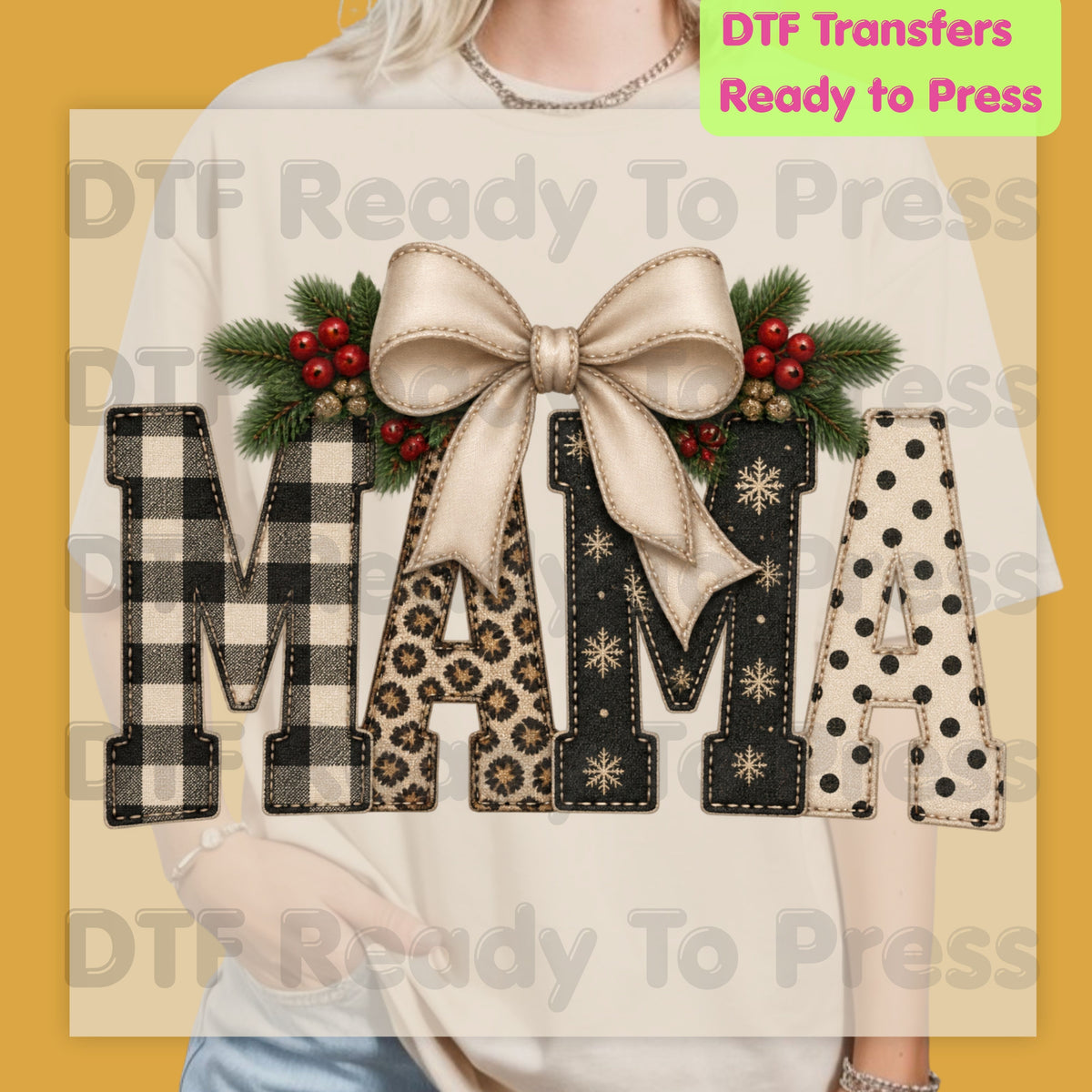 Christmas Mama DTF Transfers, Coquette Bow Buffalo Plaid Leopard Polka Dot Holiday Ready to Press