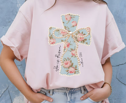 He Is Risen T Shirt Floral Cross Tee Matthew 28:6 Faith Shirt Adult Youth Toddler Baby Religious Gift Shabby Chic Aesthetic Christian Shirt