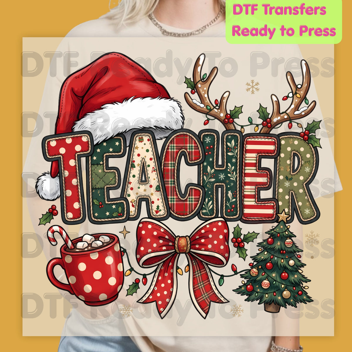 Christmas Teacher Santa Hat DTF Transfers, Holiday School Cocoa Tree Bow Graphic Ready to Press