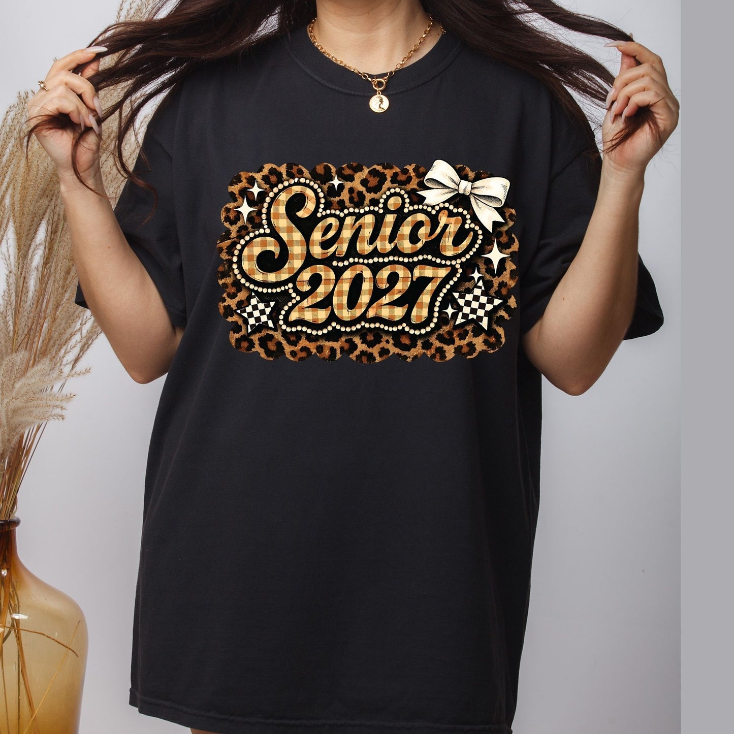 Senior 2027 DTF Transfer Ready to Press Graduation Heat Transfer for Shirts Brown Plaid Leopard Pearl Bow Stars Graphic Tee