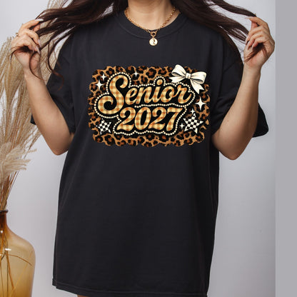 Senior 2027 DTF Transfer Ready to Press Graduation Heat Transfer for Shirts Brown Plaid Leopard Pearl Bow Stars Graphic Tee