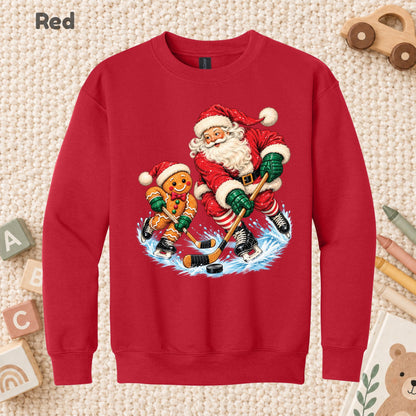 Christmas Hockey T-Shirt, Santa and Gingerbread Man Playing Hockey, Funny Holiday Sports Tee